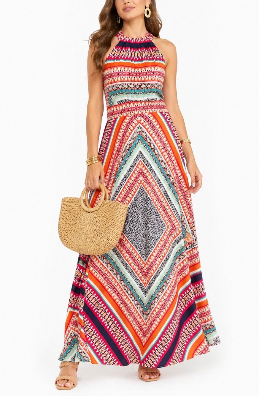 Eliza J Scarf Print Crepe De Chine Halter Boho Maxi Dress Size 4